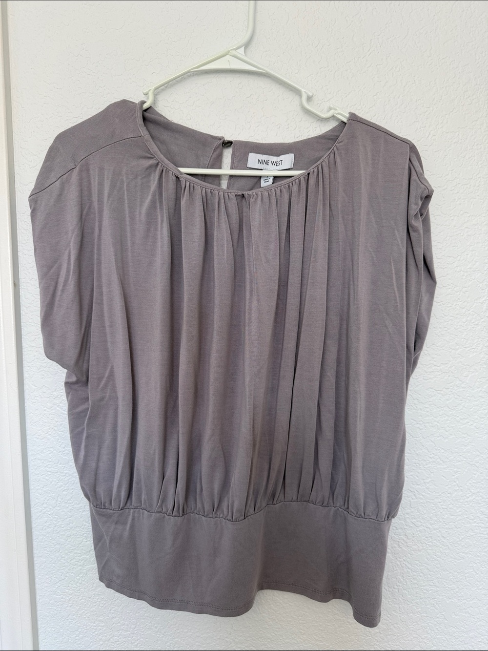 Nine West Taupe Pleated Short-Sleeve Blouse